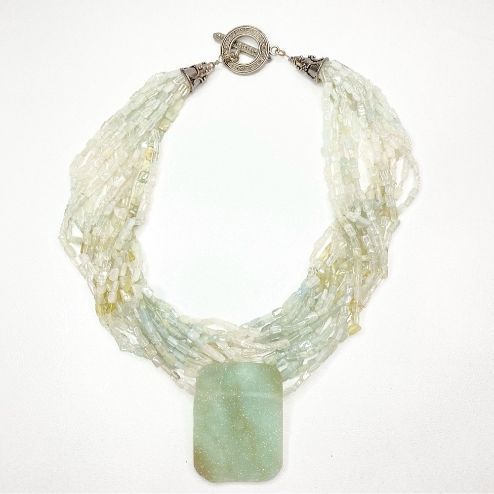 Vintage Pale Green Multi-Strand Beaded Necklace with Rectangular Pendant